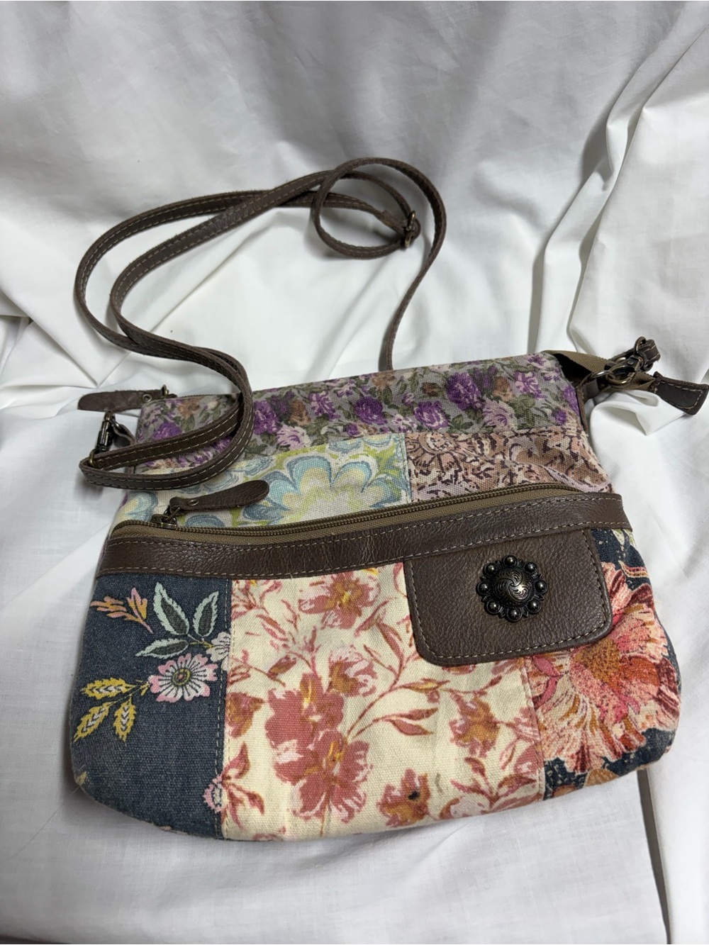 MYRA Crossbody Bag Leather Canvas Le Fleur Floral Patches Hobo Shoulder Purse